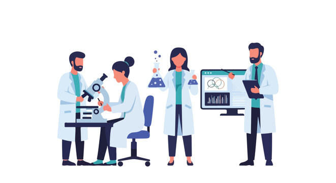 A team of four scientists in lab coats collaborates on research using a microscope, chemical flasks, and data analysis software in a laboratory setting.