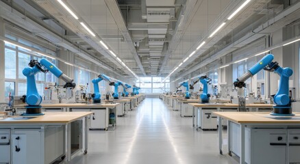 Fototapeta premium Rows of blue robotic arms poised over workstations in a bright, modern lab