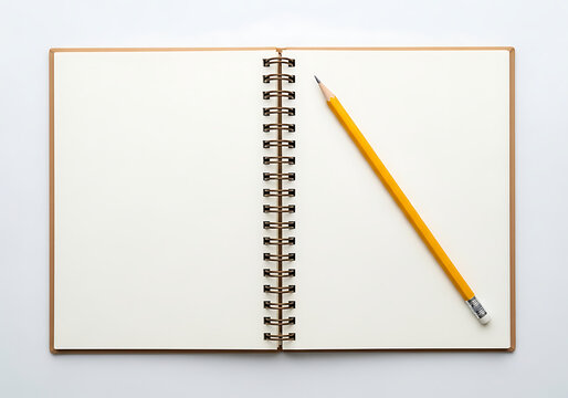 Open spiral notebook with yellow pencil on white background with blank page
