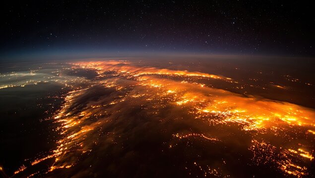 Earth's glowing urban sprawl under starlit night, curving over clouds