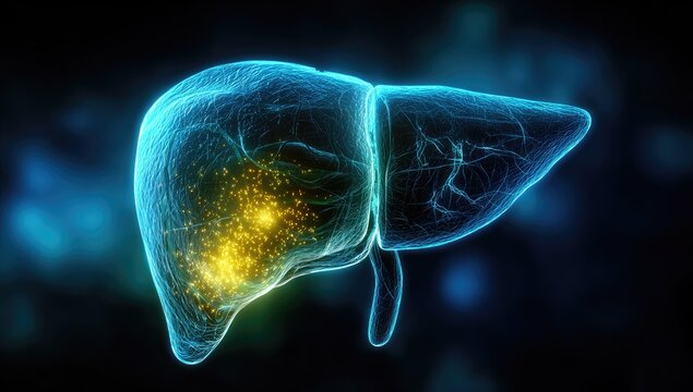 Glowing, translucent organ with internal golden particulate matter against dark backdrop