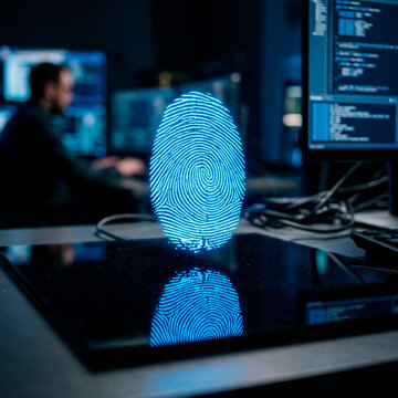 Protecci&oacute;n de datos y privacidad: Concepto de acceso seguro e identidad digital con interfaz hologr&aacute;fica de huella dactilar.