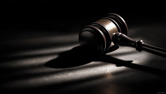 A wooden gavel rests on a dark surface, casting a long shadow
