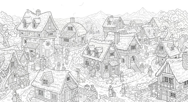 Detailed line art illustration of a charming medieval fantasy village with traditional half-timbered houses and winding paths through the countryside.