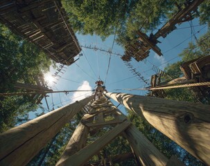 Fototapeta premium Suspended treetop adventure course with wooden structures and rope bridges
