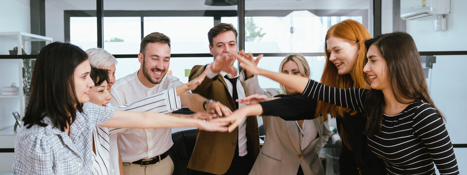 Celebrate and victory to business success with colleagues. Business celebration party event with co-worker partner in business marketing team, winner successful with startup teamwork together