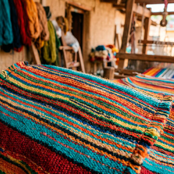 Primer plano de alfombra tejida con hilos multicolores en ambiente rural artesano