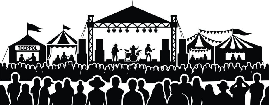 Outdoor music festival concert stage silhouette with band performing before large crowd audience and circus tents.