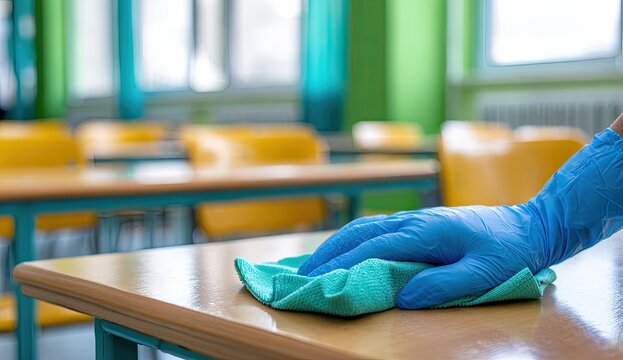 A gloved hand wipes down an empty classroom desk with a cleaning cloth