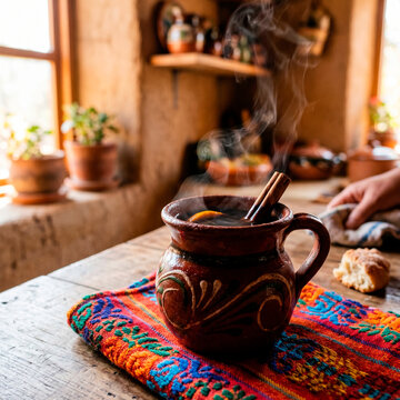 Caf&eacute; de olla humeante en jarrito de barro tradicional sobre textil mexicano artesanal