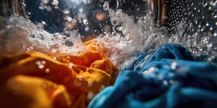Water splashes onto orange and blue laundry inside a washing machine drum