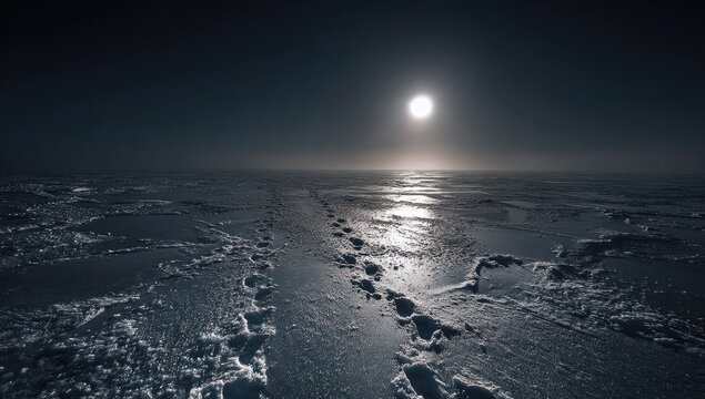 A solitary path of footprints disappears into the glowing haze of a distant sun