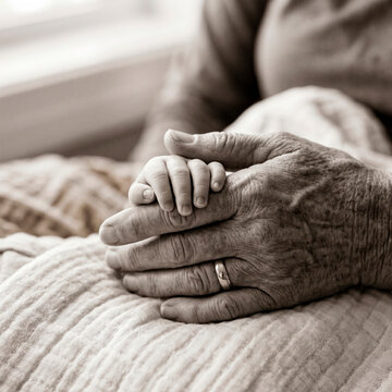 Mano de reci&eacute;n nacido sobre mano de persona mayor en blanco y negro