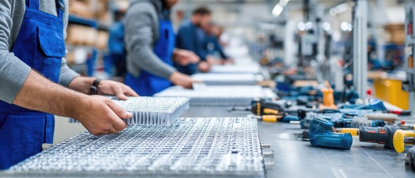 Workers in blue overalls assemble components on a production line with tools