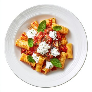 Maccheroni alla norma - Italy pasta with eggplant and ricotta isolated on a white background
