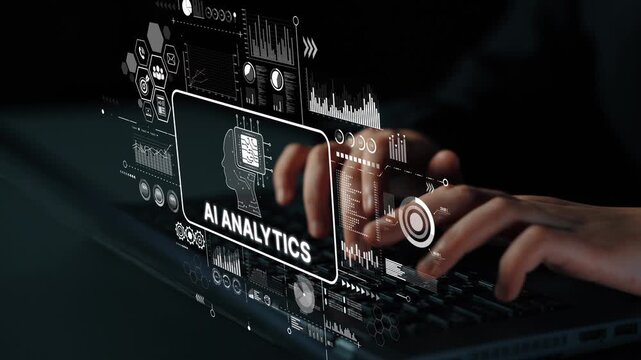 Hands Typing on a Laptop with AI Analytics Visualization and Data Graphs in Dark Environment for Business Intelligence. Asymptotic smart data analytic.
