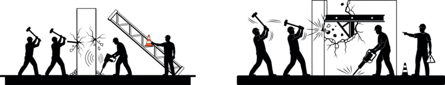 A group of construction workers building a new structure with various tools and equipment vector silhouette