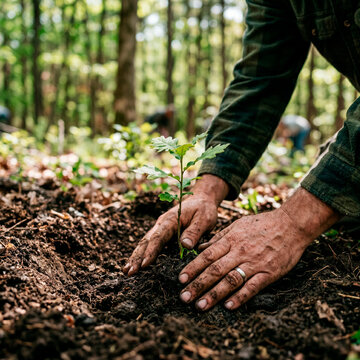 Manos de voluntario plantando un joven brote de roble en un bosque