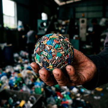 Mano de trabajador sosteniendo una esfera hecha de basura electr&oacute;nica y circuitos