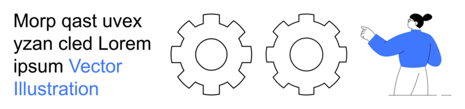 Business process, teamwork, technology, education, mechanics, conceptual framework. Two gears and a person pointing to the design. Business process and teamwork visual concept