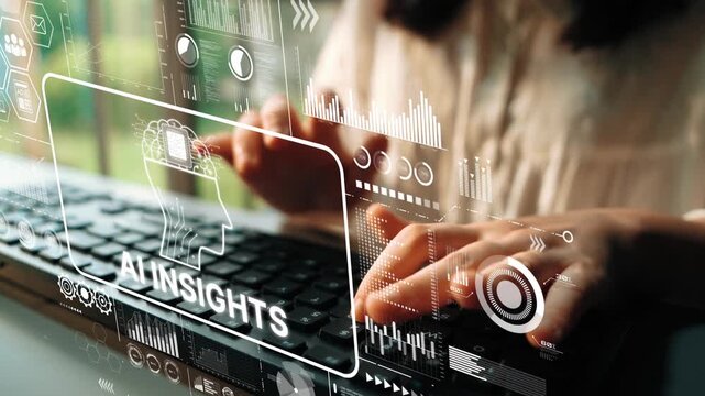 Digital Interface with Data Visualization and Technology Insights on Keyboard in Modern Workspace Environment. Asymptotic smart data analytic.