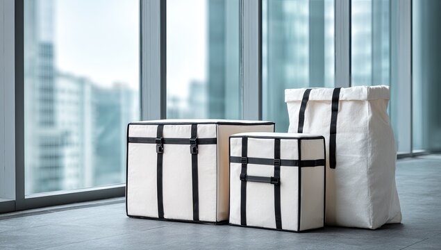 Three insulated delivery bags with straps stand by a window
