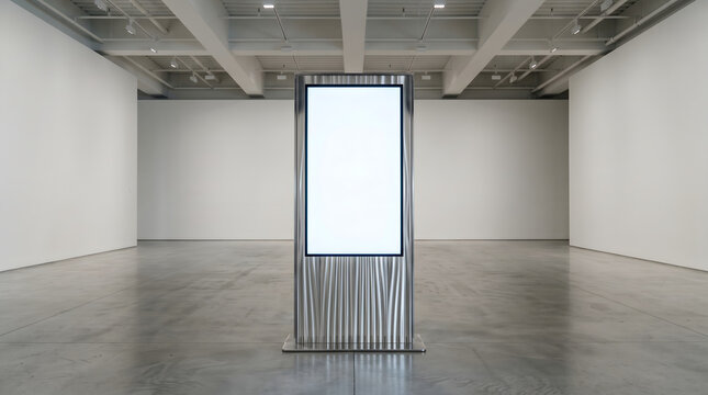 Modern digital display screen standing in an empty art gallery or museum showcasing blank white content