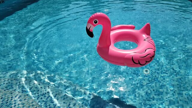 Aerial top down view of a colorful inflatable donut ring floating on crystal clear turquoise swimming pool water during a hot sunny summer day with copy space for text and messages.