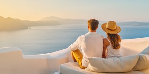 Fototapeta premium couple sitting quietly on a terrace with mountains and sea 