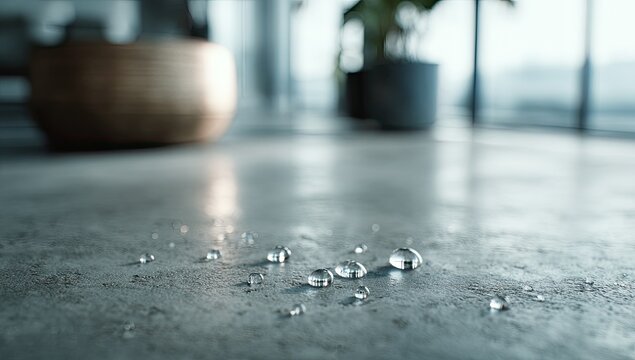 Water droplets glistening on a textured concrete floor, indoors