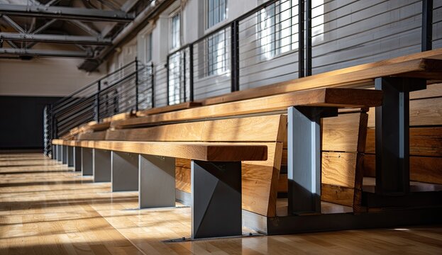 Empty bleachers with light streaming across polished wood floor