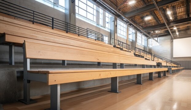 Long wooden bleachers with metal supports in a spacious, industrial-style room