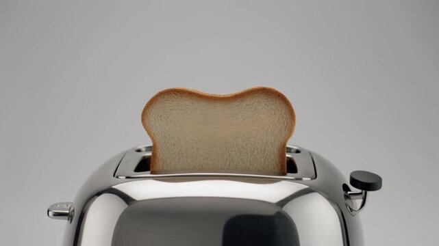 Shiny metallic two slice toaster with bread inside ready for heating against neutral studio background