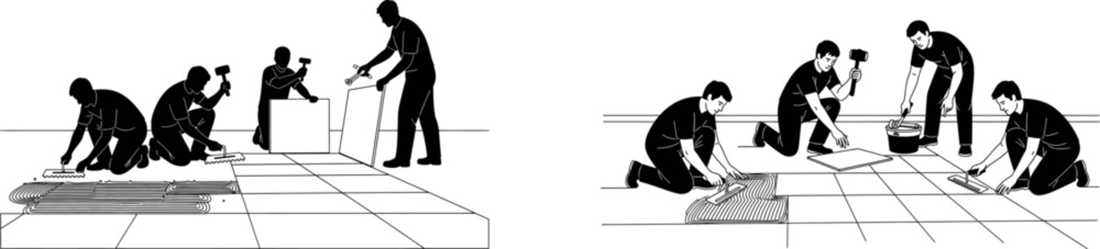 A group of construction workers installing tiles on a floor in a building site vector silhouette