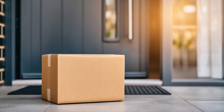Cardboard Parcel Box on House Doorstep
