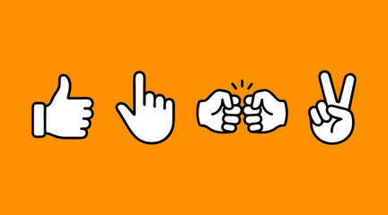 Fototapeta premium Set of hand gestures showing thumbs up and pointer finger and fist bump and victory sign in minimalist vector design style