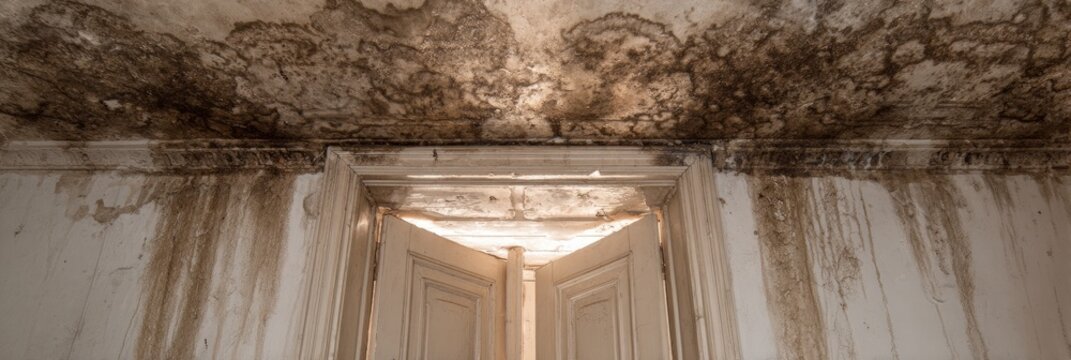 Water-damaged ceiling and walls with staining and mold growth above doorway
