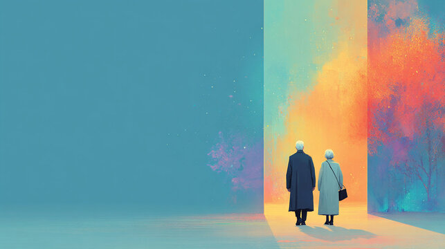 Elderly Couple Walking Through Vibrant Abstract Portal in Dreamlike Minimal Landscape