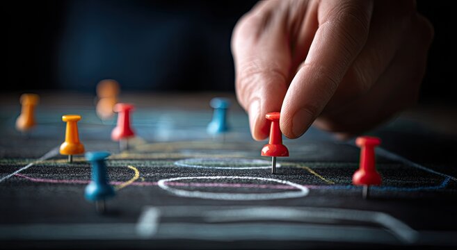 Hand places red pin on chalk-drawn strategy board