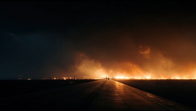 Asphalt road stretches toward distant, fiery glow under dark, ominous sky