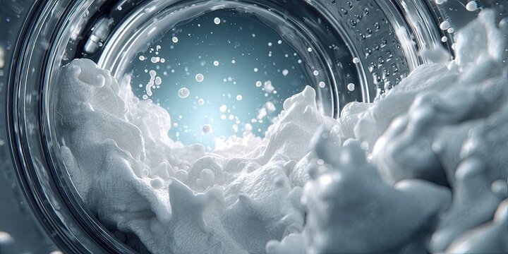 Close-up of foamy white clothes tumbling in a washing machine drum with bubbles