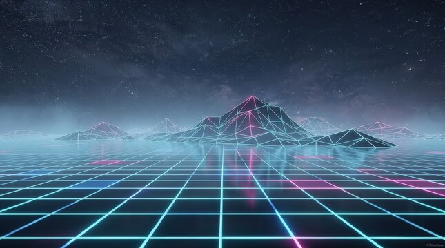 A futuristic digital landscape features glowing gridlines and polygonal mountains under a starry night sky, blending retro and sci-fi aesthetics.