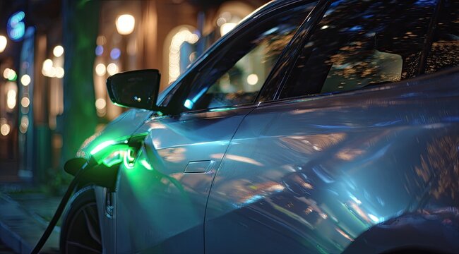 A sleek car is charging at night, bathed in green light