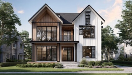 Fototapeta premium Modern farmhouse-style home with wood accents and large windows