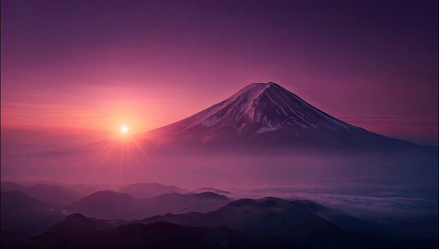 Majestic mountain peak emerges from mystical violet dawn mist