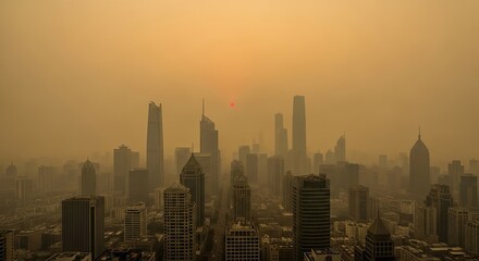 Fototapeta premium Smoggy Cityscape with Tall Skyscrapers Under Hazy Orange Sky.