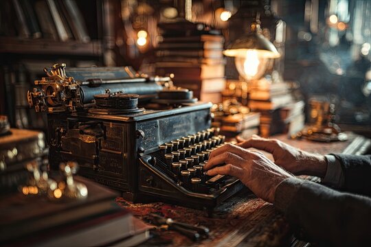 Hands typing on vintage typewriter in dimly lit study, rich with books