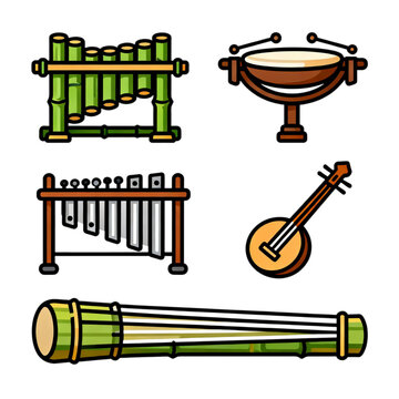 Flat vector icon set of Indonesian traditional musical instruments featuring Angklung, Gamelan, and Sasando. Minimalist 2D cultural illustration isolated on white.
