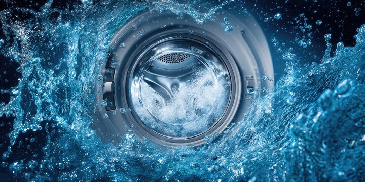 Dynamic water splash engulfing the front loading washing machine drum