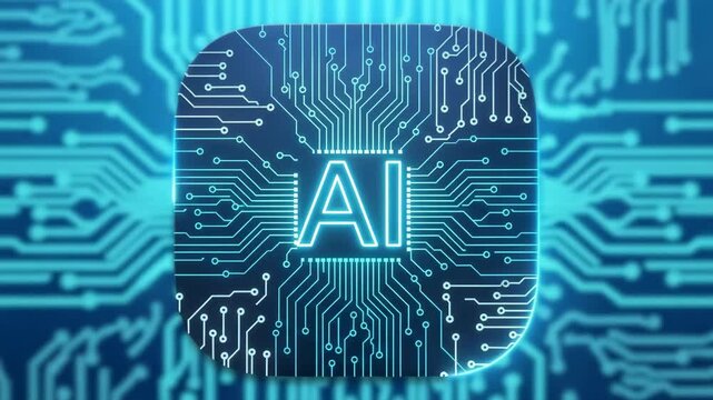 AI Integrated Interface: A glowing AI emblem shines against a complex digital circuit board backdrop, portraying the fusion of artificial intelligence and technology